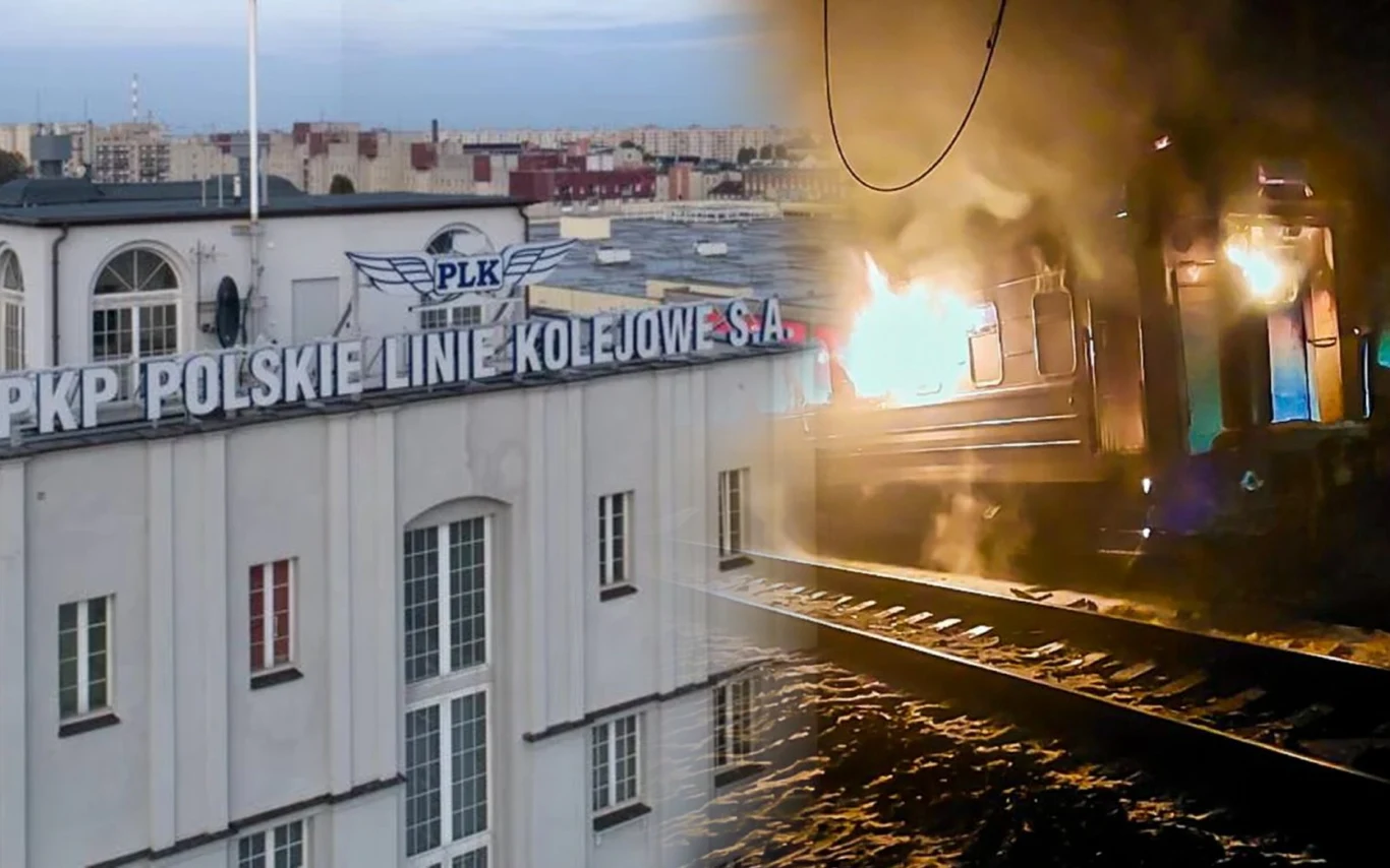 PKP PLK reagują po wpisie pracownika na temat ataku Rosji na pociąg w Ukrainie Po lewej stronie budynek Polskich Linii Kolejowych z wyraźnym napisem firmowym, po prawej wagon kolejowy objęty gwałtownym pożarem na torach nocą, wydobywające się płomienie i dym kontrastują z otoczeniem.