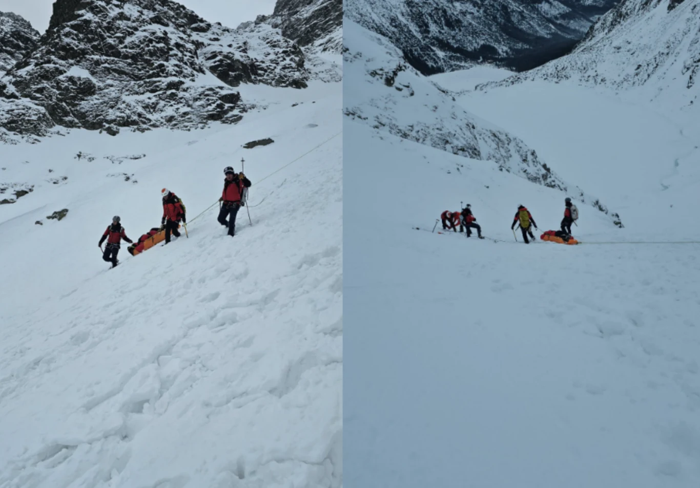 Snowboardzista ranny w Tatrach. Skomplikowana akcja ratunkowa Czterech ratowników w czerwonych kurtkach transportuje osobę na noszach przez zaśnieżone, górskie zbocze. W tle rozciągają się strome, pokryte śniegiem szczyty i dolina. Akcja odbywa się na stromym, niebezpiecznym terenie wysokogórskim.