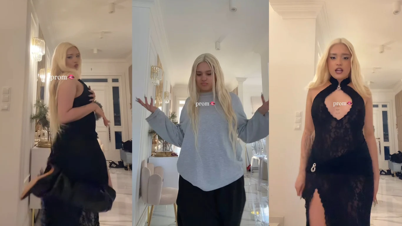 Trzy kadry przedstawiają młodą kobietę z długimi blond włosami w eleganckim wnętrzu, ubraną w czarną sukienkę oraz szarą luźną bluzę. Ujęcia ukazują modowe stylizacje; w tle widoczne są dekoracje i jasne ściany mieszkania.