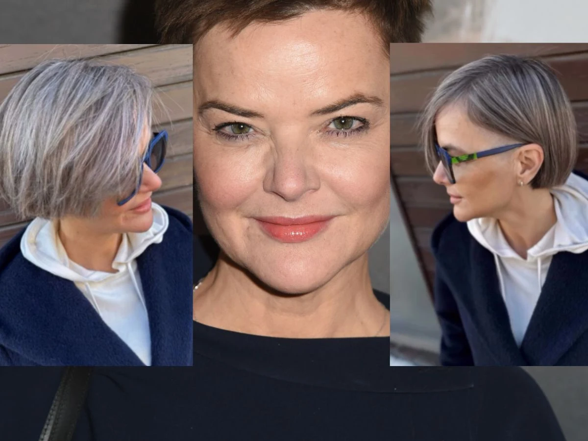 Portret kobiety w okularach z krótkimi, siwymi włosami, widzianej z różnych perspektyw. Centralnie widoczna jest twarz kobiety z delikatnym makijażem i subtelnym uśmiechem. Pozostałe ujęcia przedstawiają profil oraz włosy kobiety, podkreślając ich stru...