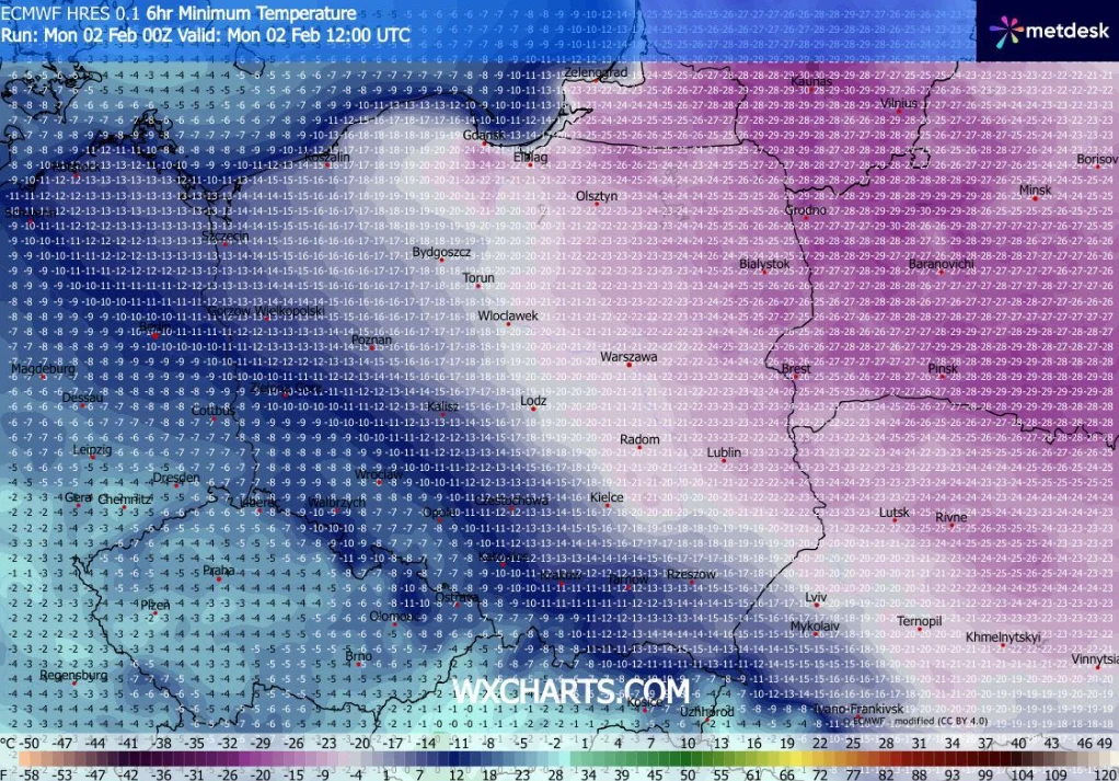 Na północy i wschodzie temperatura wynosiła poniżej -20 stopni Celsjusza i po zachodzie słońca znowu mocno przekroczy tę barierę Mapa pogodowa prezentująca prognozowane minimalne temperatury na terenie Polski, z wyraźnym gradientem cieplnym od zachodu do wschodu kraju oraz oznaczeniem głównych miast i granic państwowych.