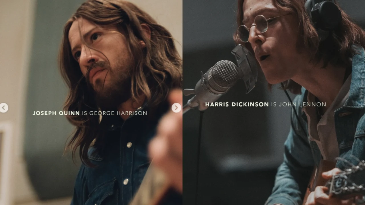 Dwóch mężczyzn podczas nagrania w studiu muzycznym, z długimi włosami i w okularach, skupionych na grze na instrumentach oraz śpiewaniu, z tekstem informującym o ich rolach aktorskich.