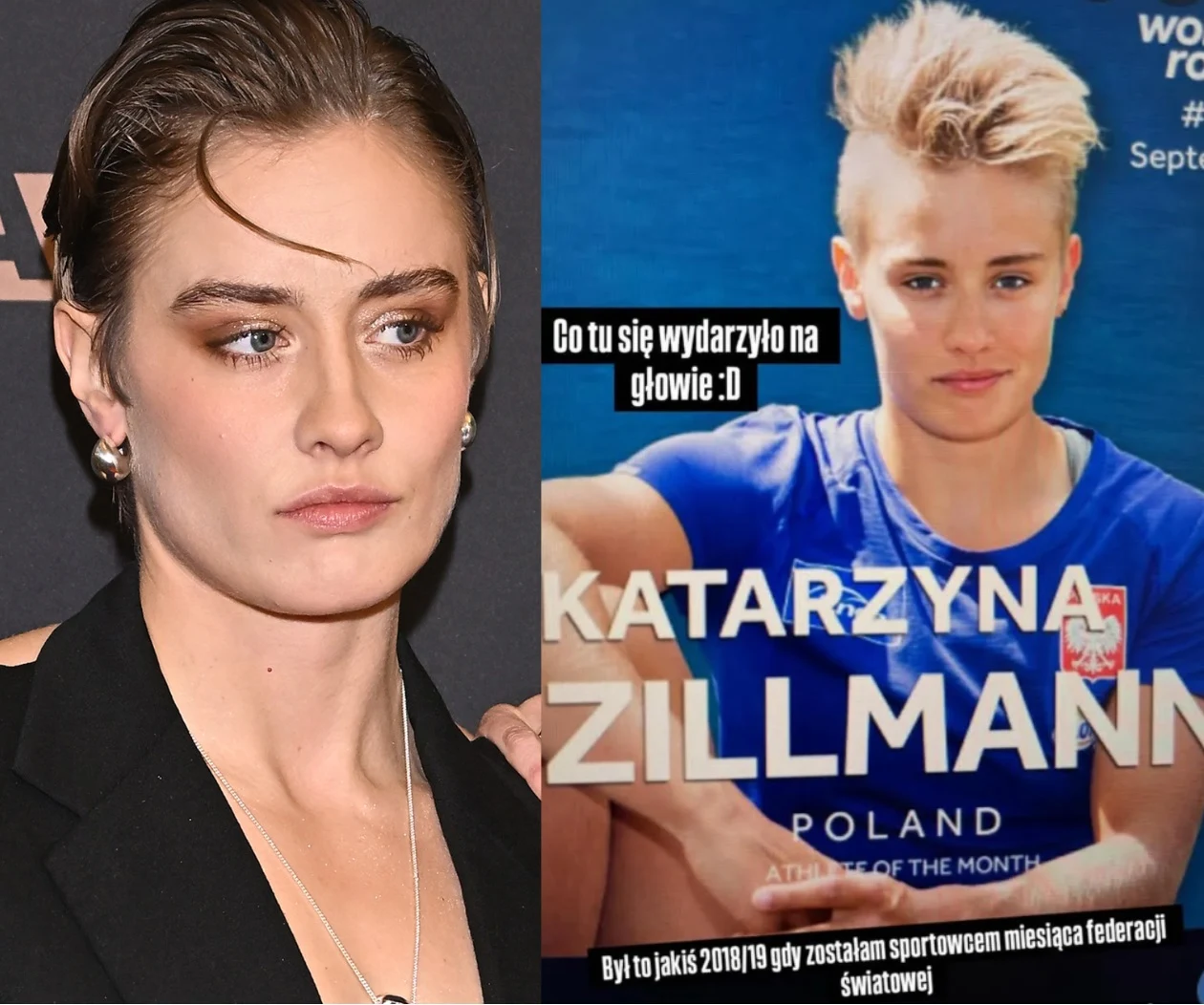 Po lewej stronie kobieta o krótkich włosach z wyrazistym makijażem patrzy w stronę aparatu, po prawej sportowe zdjęcie kobiety z krótką, rozjaśnioną fryzurą, ubrana w niebieską koszulkę z napisem Katarzyna Zillmann i informacją o osiągnięciu sportowym.