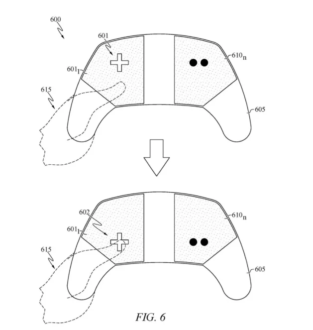 Schematyczny rysunek kontrolera do gier z oznaczonymi przyciskami oraz graficznym odwzorowaniem ruchu dłoni wokół kontrolera, prezentujący potencjalną funkcjonalność lub rozwiązanie techniczne.