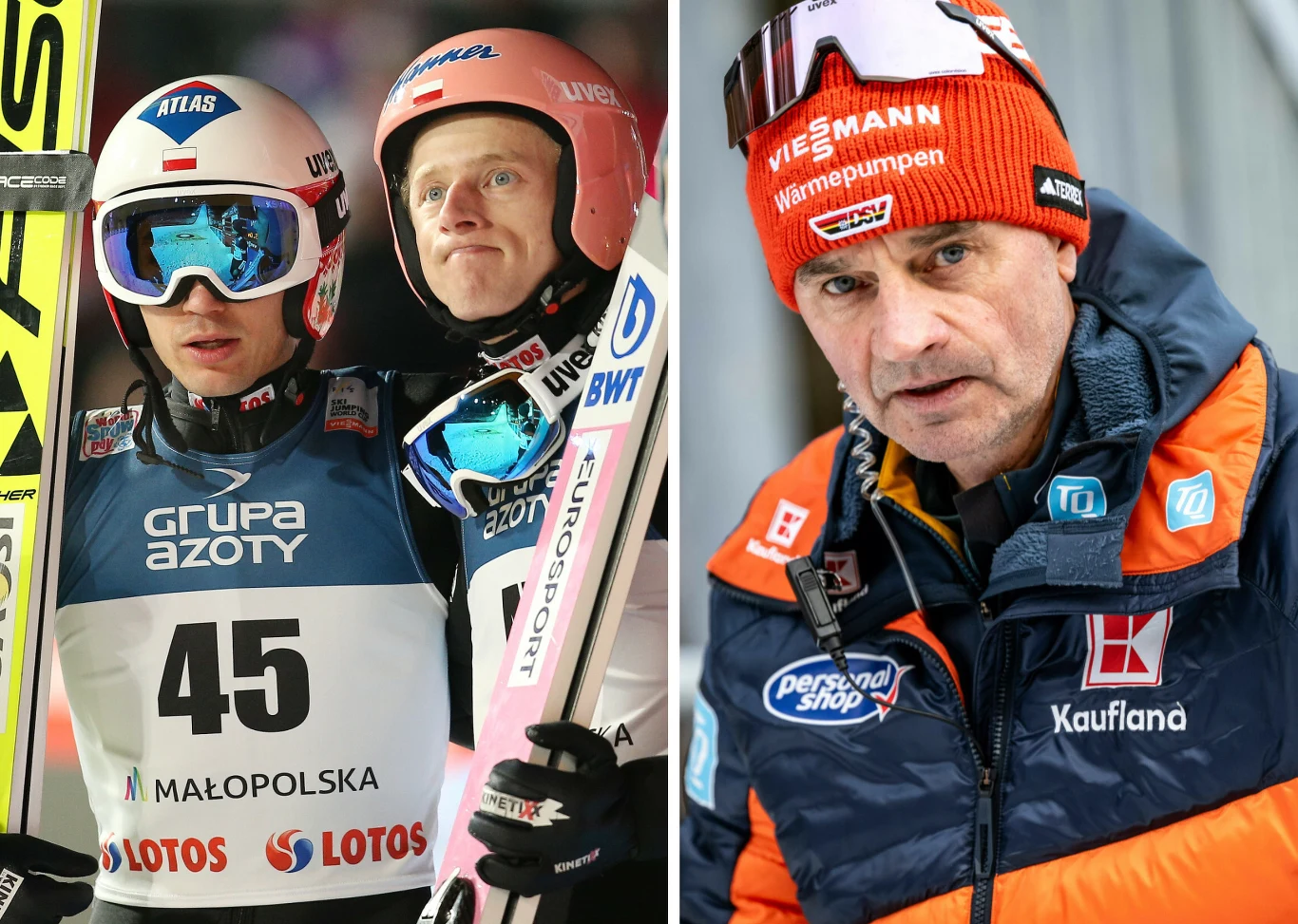 Skoki narciarskie. Na zdjęciu reprezentanci Polski Kamil Stoch i Dawid Kubacki oraz ich były trener Stefan Horngacher Dwaj skoczkowie narciarscy w kombinezonach sportowych oraz kaskach, trzymający narty, stoją obok siebie podczas zawodów. Po prawej trener ubrany w ciepłą kurtkę oraz czapkę z napisem Viessmann patrzy przed siebie.