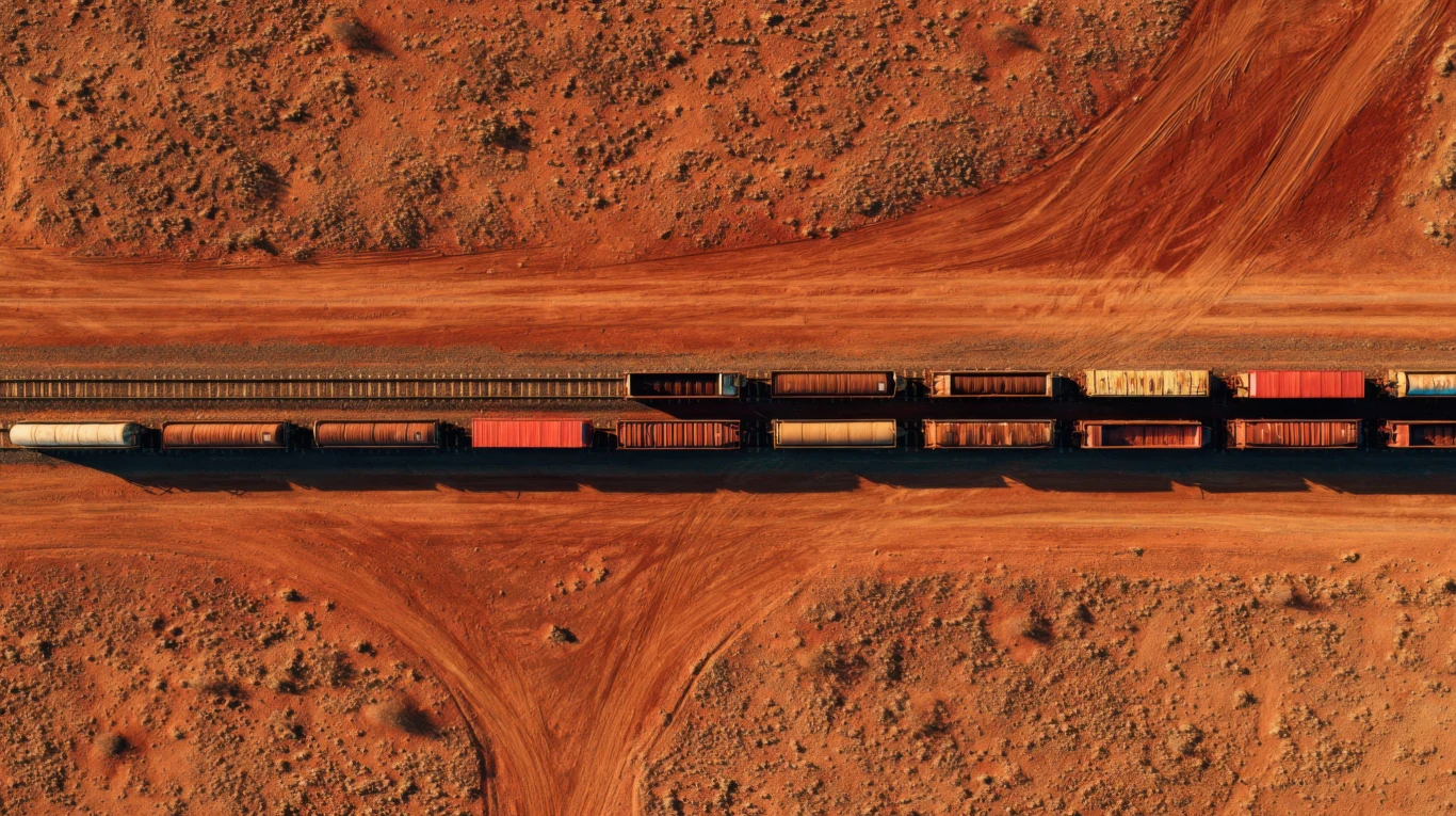 W Algierii oficjalnie uruchomiono linię kolejową łączącą kopalnię Gâra Djebilet z miastem Baszszar. Zdj. poglądowe. Pociąg towarowy ustawiony na torach w środku pustynnego, czerwonego krajobrazu przecinanego przez szeroką drogę gruntową, otoczony niską roślinnością i pustynną ziemią.