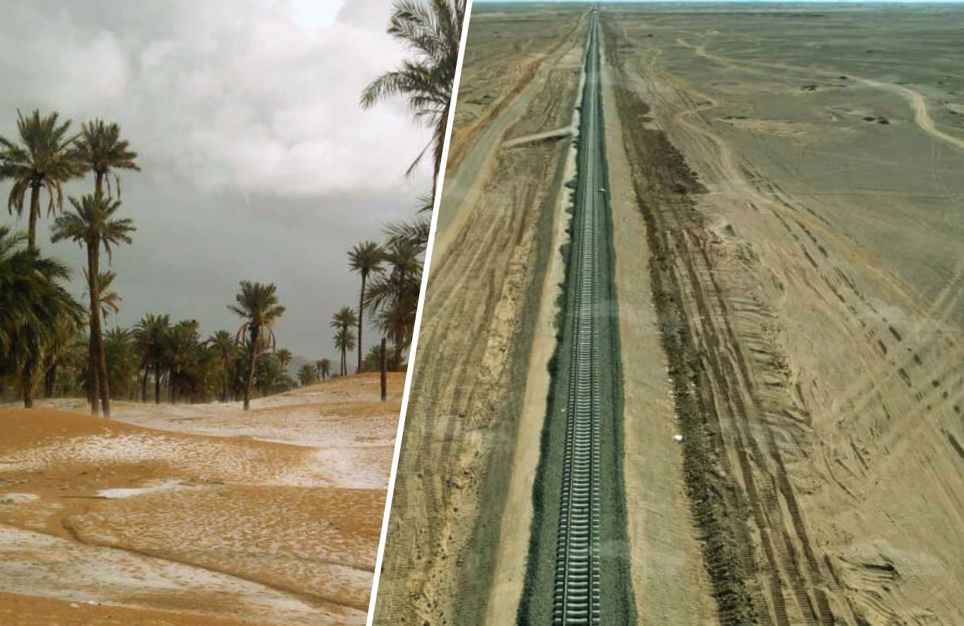 Ukończona linia kolejowa pozwala na transport rudy do Baszszar. Po lewej stronie ujęcie oazy z palmami oraz warstwą śniegu na piasku, po prawej długi tor kolejowy biegnący przez pustynny i suchy krajobraz.