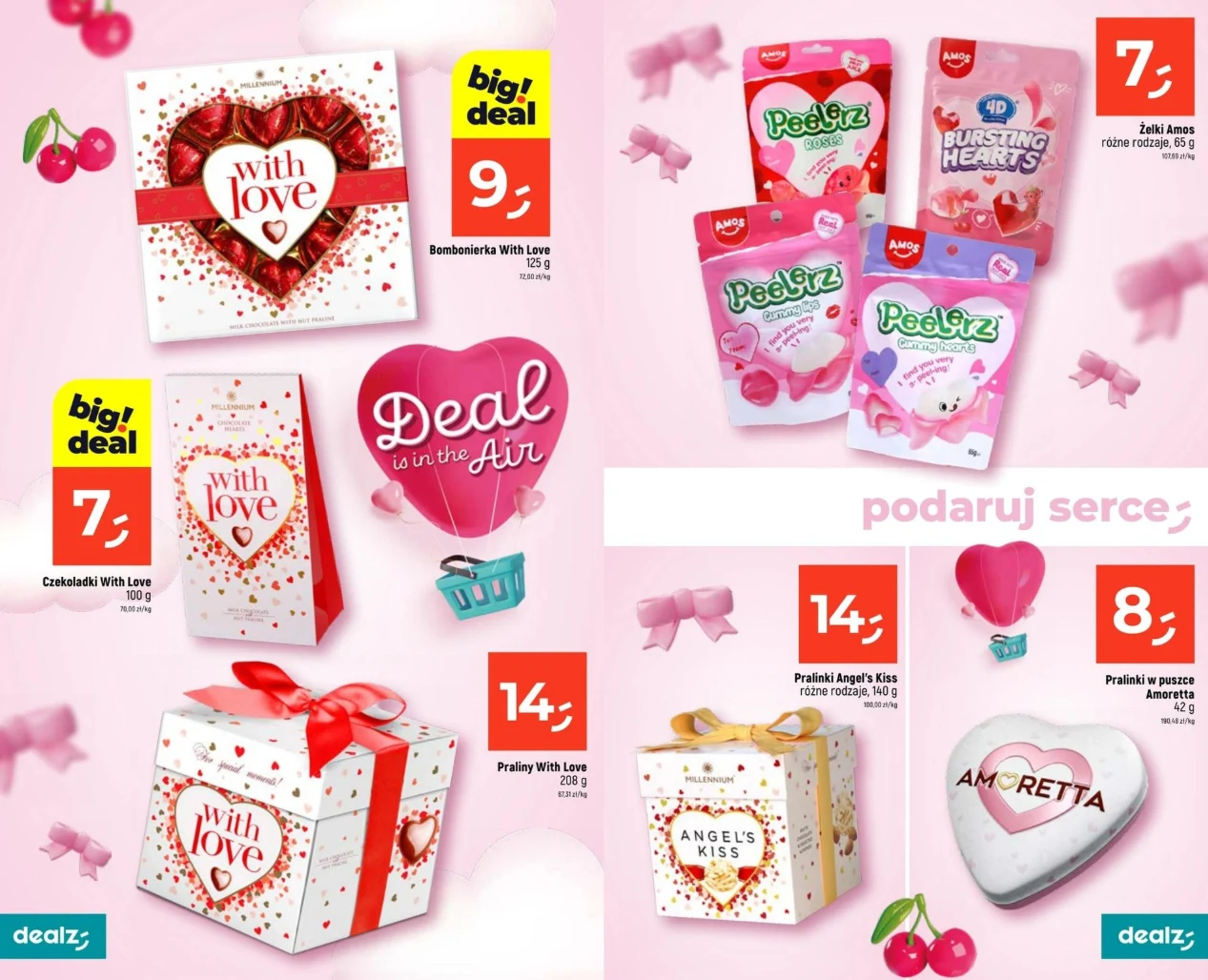 Walentynkowa oferta Dealz: bombonierki „With Love” od 7 zł, żelki Amos za 7 zł oraz urocze praliny w ozdobnych opakowaniach już od 8 zł