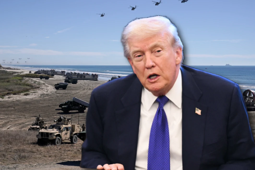 Prezydent USA Donald Trump o amerykańskim wojsku i Europie Mężczyzna w garniturze z niebieskim krawatem na tle działań wojskowych przy wybrzeżu. W tle widać pojazdy wojskowe, transportery opancerzone oraz śmigłowce unoszące się nad linią brzegową.