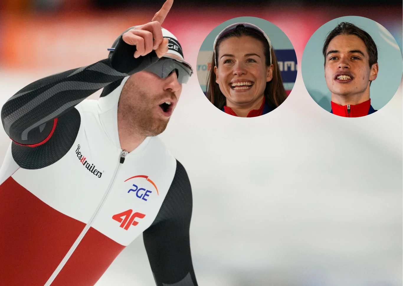 Damian Żurek, Kaja Ziomek-Nogal i Władimir Semirunnij to polskie nadzieje na medale olimpijskie Zawodnik w kombinezonie do łyżwiarstwa szybkiego w trakcie wyścigu z podniesioną ręką oraz dwa portrety uśmiechniętych młodych osób w okrągłych ramkach umieszczone w górnej części zdjęcia.