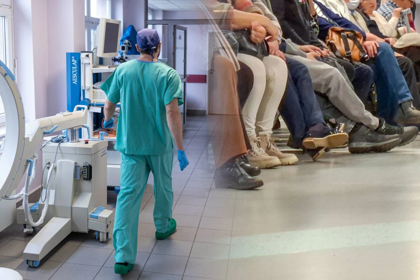 Ponad 2 mln osób w Polsce żyje bez ubezpieczenia zdrowotnego. Powody są różne Lekarz w zielonym uniformie przechodzi przez szpitalny korytarz, po prawej stronie grupa oczekujących osób siedzi na ławce pod ścianą, co sugeruje szpitalną poczekalnię lub oddział ratunkowy.