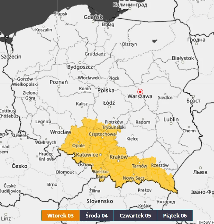 Mapa Polski z zaznaczonym południowym regionem objętym ostrzeżeniem meteorologicznym, wyróżnionym na żółto, obejmującym województwa śląskie, małopolskie i podkarpackie; u góry zaznaczono daty obowiązywania ostrzeżeń.
