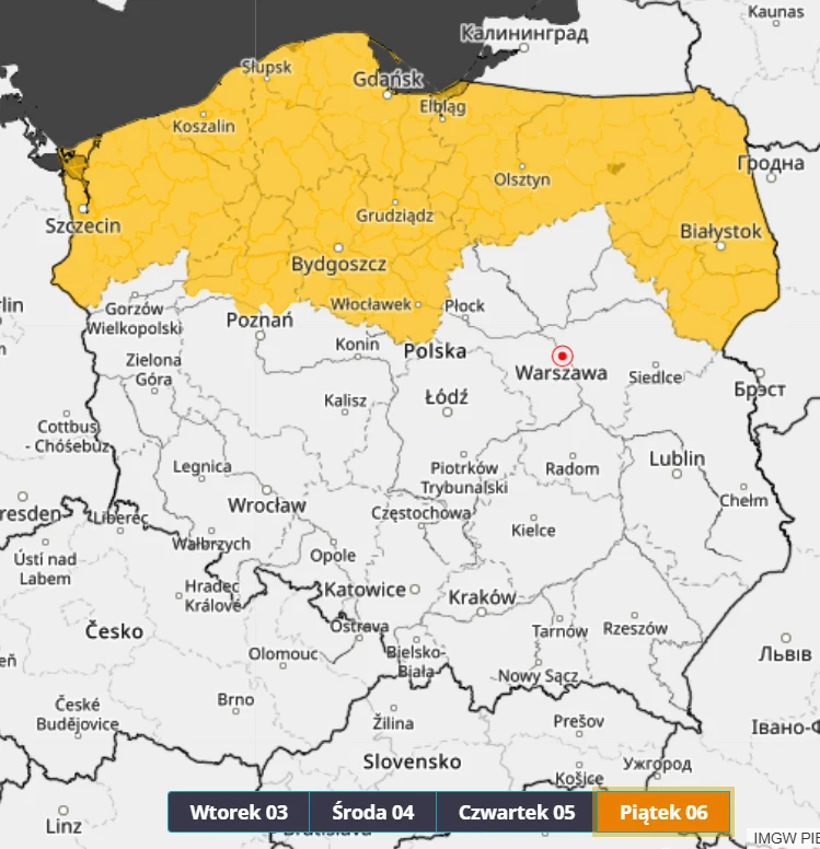 Mapa Polski z zaznaczonym obszarem północnym wyróżnionym kolorem żółtym, obejmującym województwa zachodniopomorskie, pomorskie, kujawsko-pomorskie, warmińsko-mazurskie i podlaskie. Na dole zamieszczona legenda z datami dni tygodnia.
