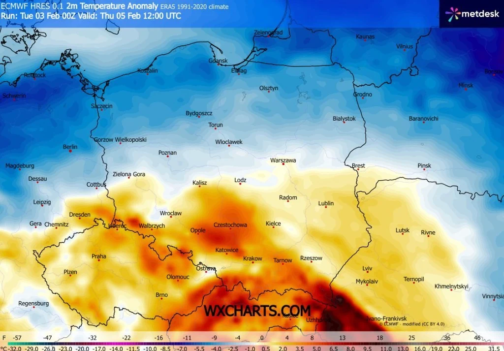 Kolorowa mapa Polski ukazująca anomalię temperatury, wskazująca znacznie cieplejsze warunki na południu kraju oraz chłodniejsze na północy. Nazwy miast wskazują lokalizacje, a skala temperatur wyrażona jest za pomocą różnych odcieni niebieskiego i czer...