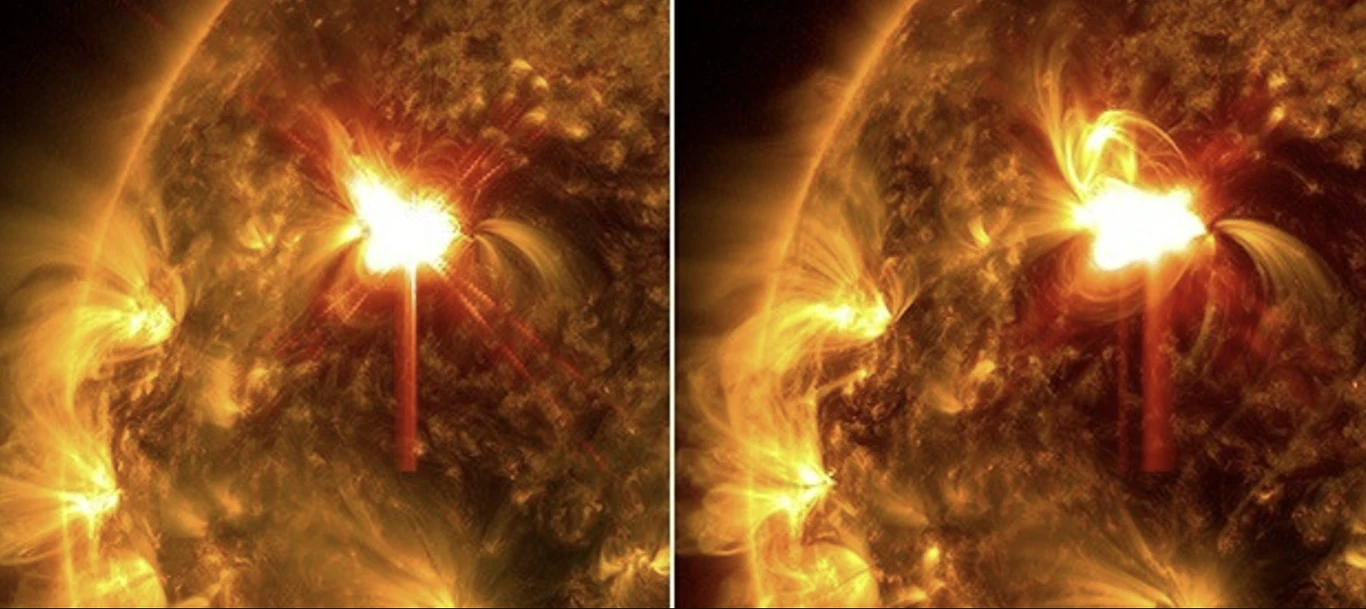 27 rozbłysków słonecznych w ciągu 24 godzin, w tym najsilniejszy wybuch od lat Intensywny rozbłysk słoneczny oraz widoczne łuki koronalne energii na powierzchni Słońca, ukazujące potężną aktywność magnetyczną gwiazdy.
