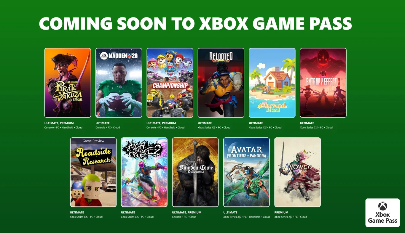Zielona grafika z napisem „COMING SOON TO XBOX GAME PASS” oraz okładkami gier, takich jak Like a Dragon: Infinite Wealth, Madden 24, F1 Manager 2023, czy Avatar Frontiers of Pandora. Każda okładka podpisana tytułem gry i kategorią dostępności w usłudze.