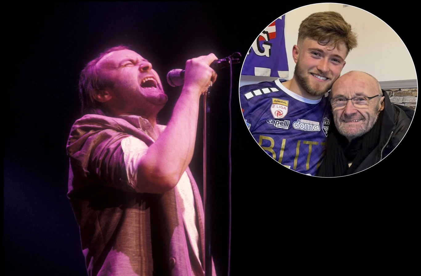 Phil Collins przez lata spędzone na scenie wypracował sobie miano absolutnej muzycznej legendy. Jego syn, Mathew, postawił na zupełnie odmienną karierę Mężczyzna z pasją śpiewa do mikrofonu na scenie, z jasnym światłem skupionym na jego twarzy i sylwetce. W okrągłej wstawce u góry po prawej stronie dwóch mężczyzn, jeden młodszy, drugi starszy, obejmują się i uśmiechają do kamery.