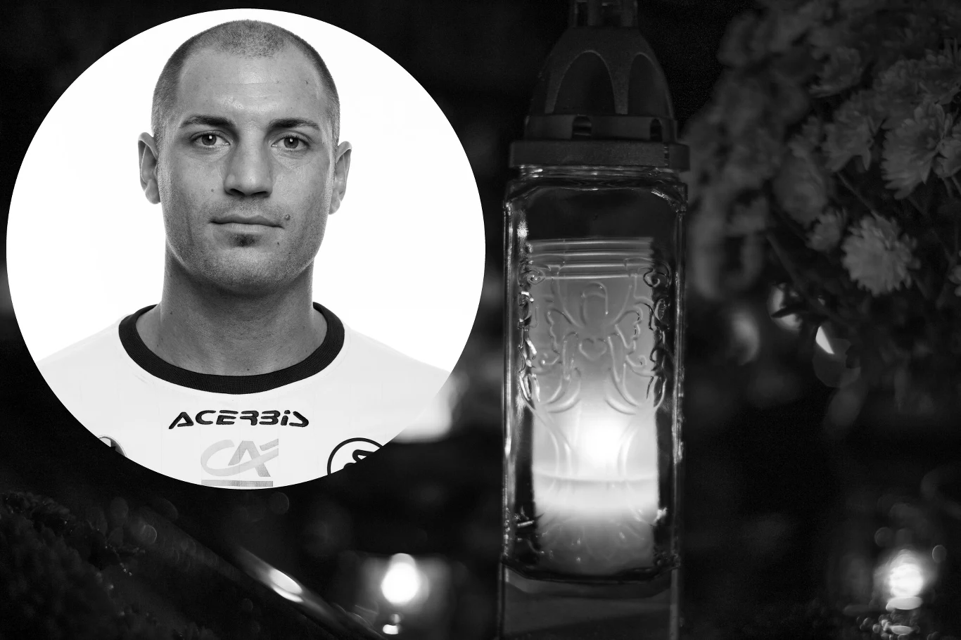 Nicolas Giani nie żyje. Miał zaledwie 39 lat Czarno-białe zdjęcie przedstawia portret mężczyzny w sportowej koszulce, osadzony w okręgu, obok którego znajduje się zapalony znicz oraz rozmyte kwiaty w tle, co tworzy atmosferę zadumy i żałoby.