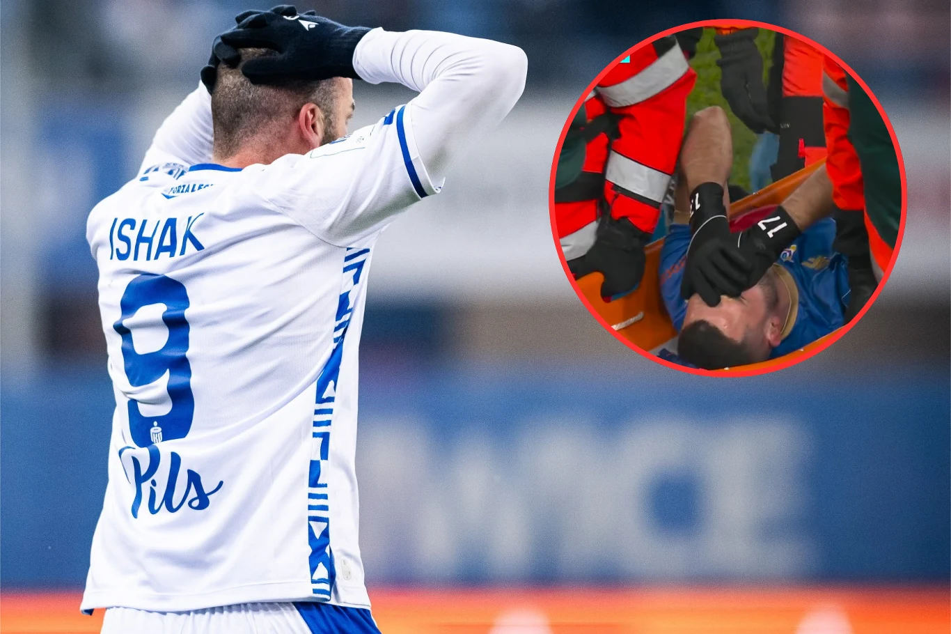 Piast Gliwice pokonał Lecha Poznań na własnym obiekcie. Gospodarze od 10. minuty grali bez Quentina Boisgarda Piłkarz ubrany w biały strój z numerem 9 na plecach trzyma się za głowę w geście rozczarowania lub smutku, a w okrągłym wstawieniu widać innego zawodnika leżącego na boisku otoczonego przez ratowników medycznych.