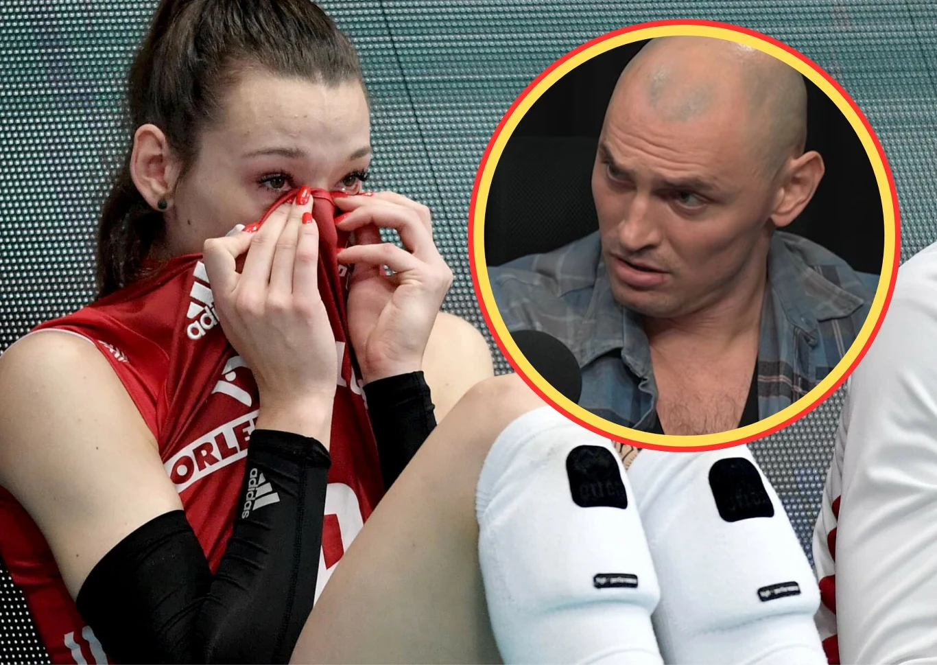 Zawodniczka siatkówki w stroju sportowym siedzi na ławce i ociera oczy koszulką, sprawiając wrażenie smutnej lub płaczącej, obok widoczny portret mężczyzny w kółku z poważnym wyrazem twarzy.