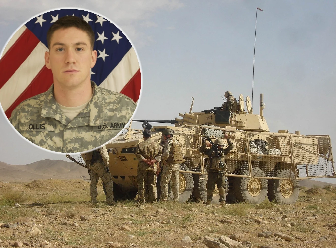 Sierżant, który uratował polskiego żołnierza w Afganistanie, zostanie uhonorowany Medalem Honoru Grupa żołnierzy w mundurach wojskowych stoi przy opancerzonym pojeździe wojskowym na suchym, pustynnym terenie, w tle górzysty horyzont, widoczna wstawka z portretem młodego żołnierza na tle amerykańskiej flagi.