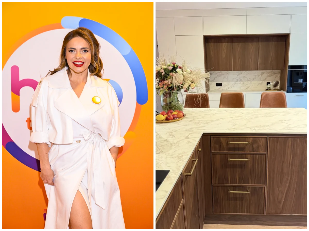 Po lewej kobieta w białym płaszczu z czerwonymi ustami na tle kolorowej ścianki z logo, po prawej nowoczesna kuchnia z marmurowym blatem, brązowymi krzesłami i wazonem kwiatów.