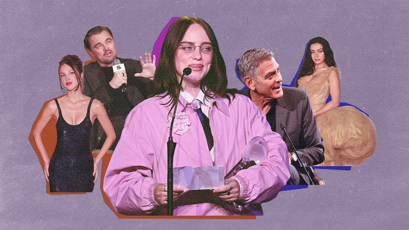 Celebryci zabierają głos w sprawach najwyższej wagi. Tylko po co? Grafika: Aleksandra Włodarczyk (na zdj. od lewej: Olivia Rodrigo, Leonardo DiCaprio, Billie Eilish, George Clooney, Charli XCX) Kilku znanych ludzi z branży rozrywkowej, elegancko ubranych, wkomponowanych w kolorowe tło, z centralnie ustawioną osobą trzymającą mikrofon i statuetkę.