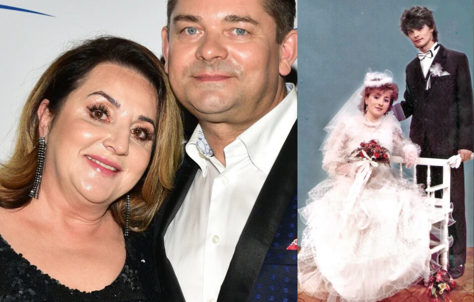 Po lewej stronie zdjęcia uśmiechnięta kobieta i mężczyzna w eleganckim stroju, po prawej zabytkowa fotografia ślubna z panną młodą w białej sukni i welonie oraz panem młodym w ciemnym garniturze.