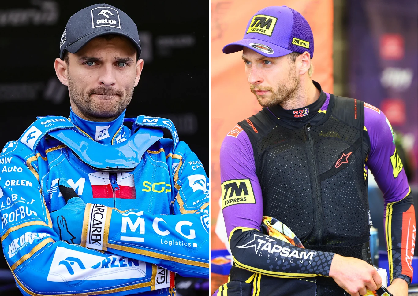 Dwóch mężczyzn w sportowych kombinezonach motocrossowych prezentujących barwy różnych zespołów, stojących obok siebie, z poważnym wyrazem twarzy, na tle toru lub strefy serwisowej.