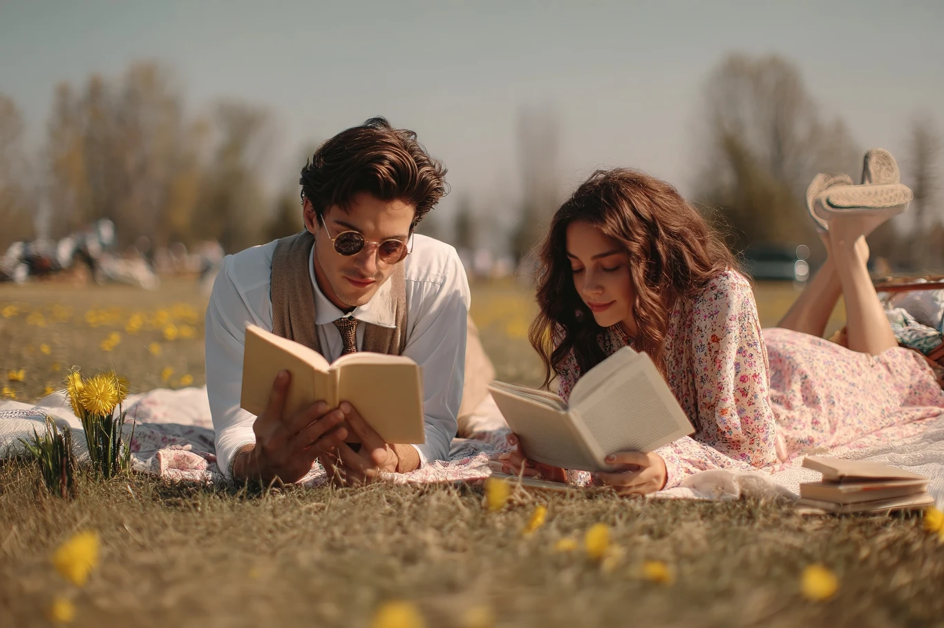 Kryzys Tindera i innych aplikacji randkowych Para młodych ludzi leżąca na kocu wśród żółtych kwiatów na łące, oboje czytają książki i są uśmiechnięci, w tle rozmyte drzewa i spokojna atmosfera wiosennego dnia.