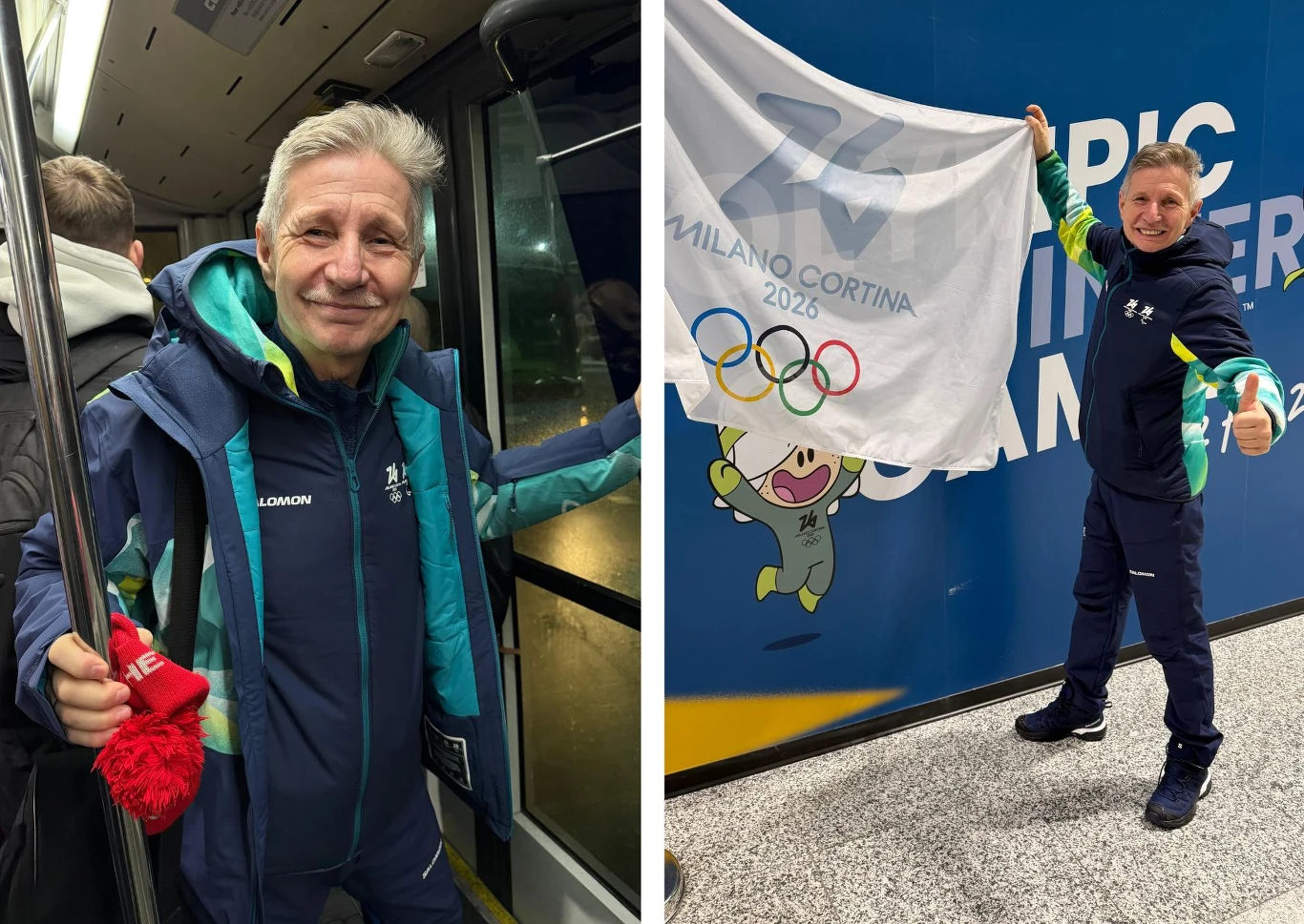 Starszy mężczyzna w sportowym dresie z napisem "LONDON" uśmiecha się i stoi w autobusie, na drugim zdjęciu pozuje z flagą promującą Zimowe Igrzyska Olimpijskie Mediolan-Cortina 2026 na tle niebieskiej ścianki i maskotki.