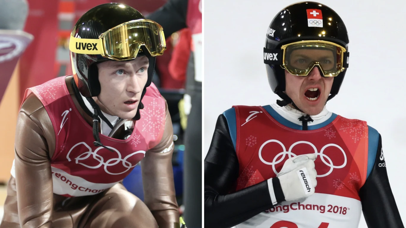 Stefan Hula i Simonn Ammann podczas igrzysk w Pjongczangu Dwóch sportowców w stroju do skeletonu podczas Zimowych Igrzysk Olimpijskich w Pjongczangu, obaj w kaskach ochronnych z widocznym logo olimpijskim na strojach, po lewej zawodnik skupiony przed startem, po prawej zawodnik z podniesioną pięścią okazujący...