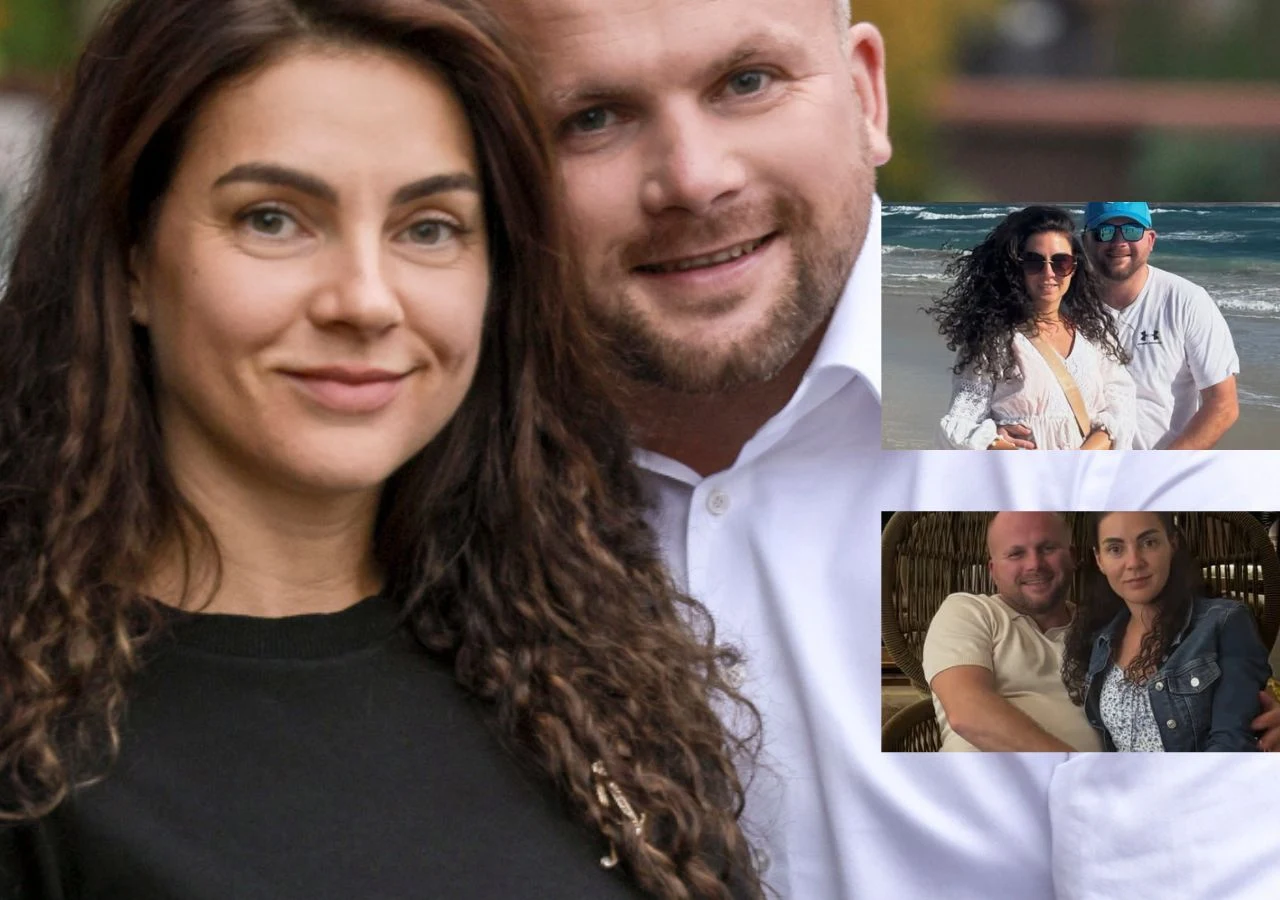 Para dorosłych obejmuje się i uśmiecha, w prawym górnym rogu oraz poniżej widoczne dwie dodatkowe fotografie tej samej pary w różnych okolicznościach - na plaży oraz we wnętrzu.