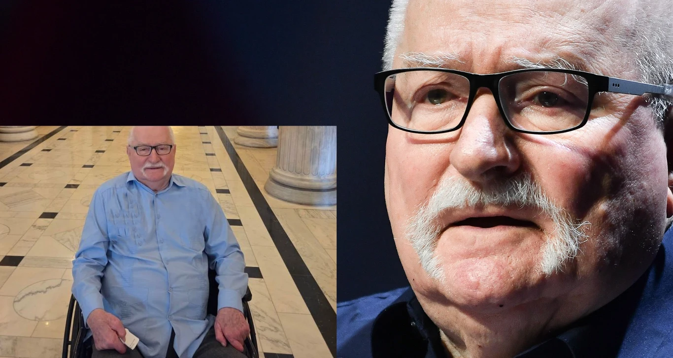 Starszy mężczyzna z wąsami i okularami, widoczny zarówno na zbliżeniu twarzy, jak i w pełnej sylwetce siedzącej na wózku inwalidzkim w przestronnym, marmurowym korytarzu ozdobionym kolumnami.