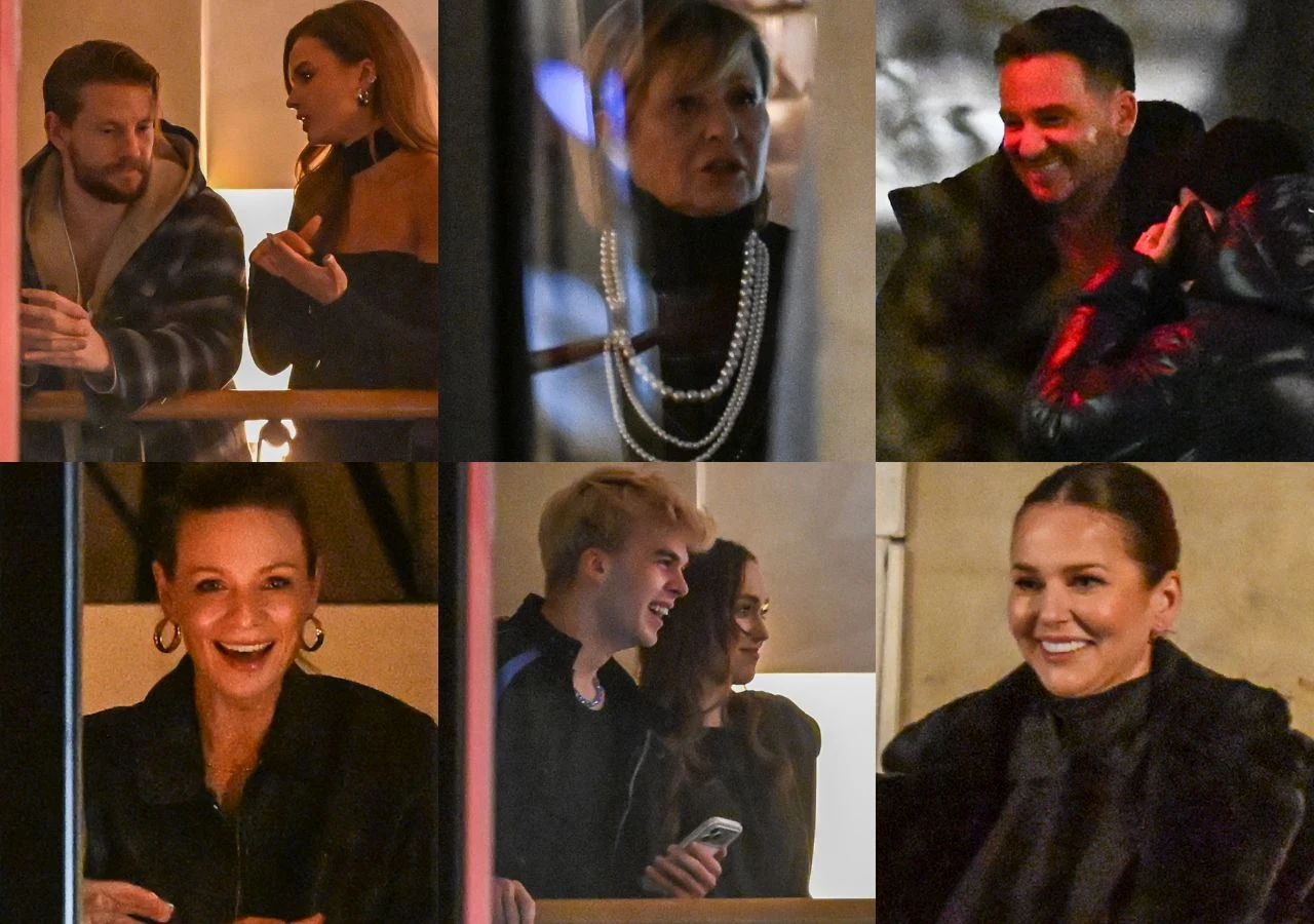 Grupa osób w różnych sytuacjach towarzyskich, rozmawiają i śmieją się, część uśmiechnięta, ubrana elegancko, na tle neutralnych wnętrz.