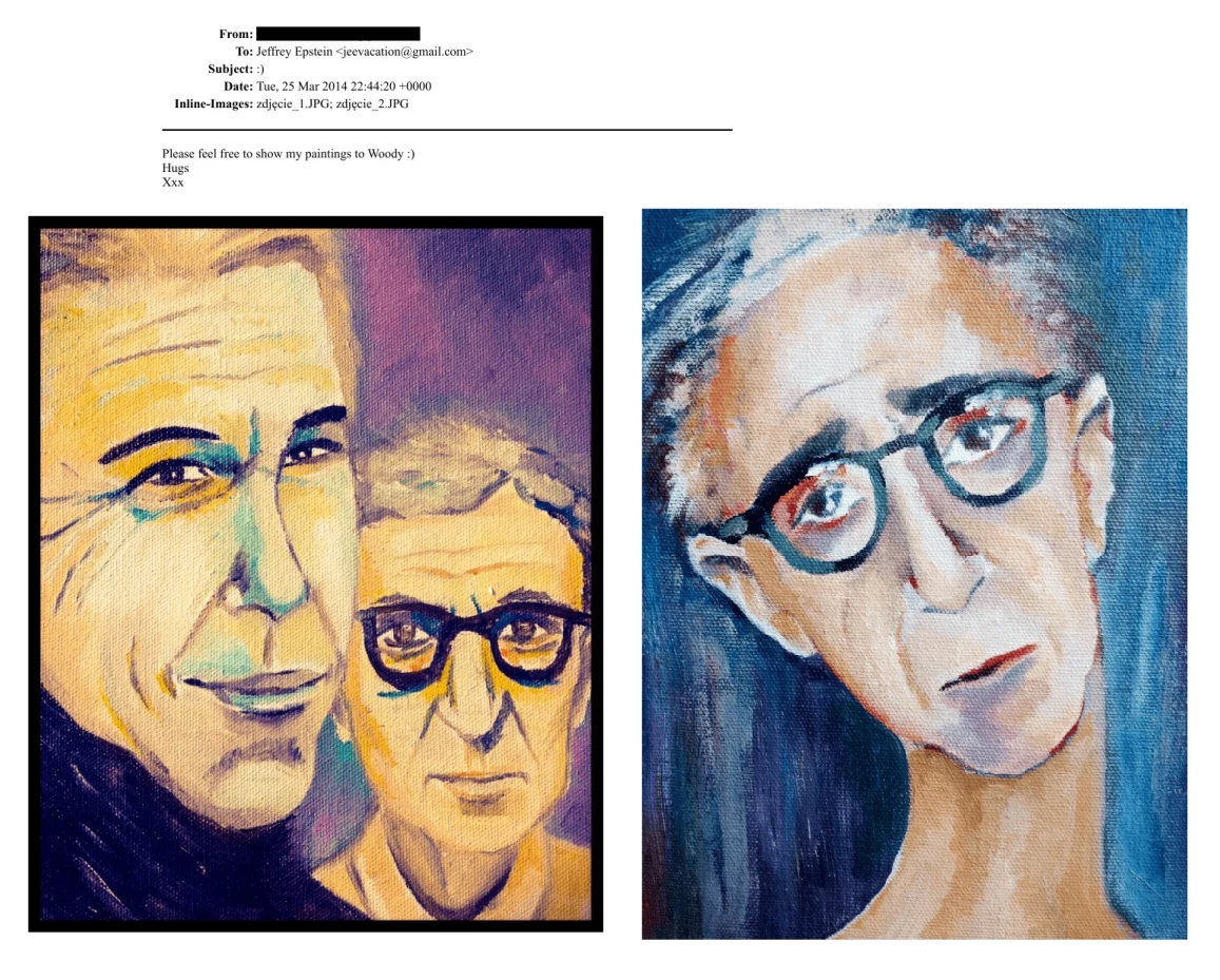 Dwa ekspresyjne portrety namalowane farbami, po lewej stronie przedstawione są dwie osoby, jedna z nich uśmiechnięta, druga poważna, natomiast po prawej samotna postać w okularach, patrząca smutnym wzrokiem. Obie prace utrzymane są w żywych kolorach i ...