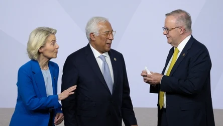 UE szykuje się do podpisania umowy handlowej z Australią. Na zdj. od lewej: szefowa KE Ursula von der Leyen szef rady europejskiej Antonio Costa i premier Australii Anthony Albanese, 