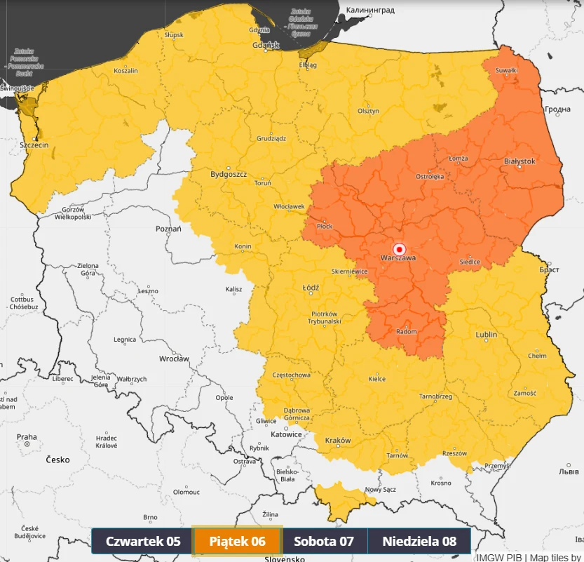 W piątek z gołoledzią trzeba się liczyć w większości województw, a szczególnie na Mazowszu i Podlasiu Kolorowa mapa Polski z zaznaczonymi województwami objętymi ostrzeżeniami meteorologicznymi na piątek 6, centralno-wschodnia część kraju oznaczona na pomarańczowo jako strefa podwyższonego zagrożenia, pozostałe regiony oznaczone na żółto, legenda i dni ...