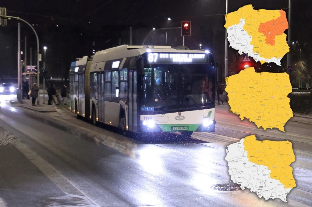 Marznące opady zostaną z nami do końca tygodnia. Aura poprawi się od poniedziałku, jednak wtedy zrobi się też bardzo mroźnie Nowoczesny autobus komunikacji miejskiej jadący ulicą w nocy, oświetlenie uliczne tworzy odbicia na mokrej nawierzchni, po prawej stronie infografika z mapą Polski i oznaczeniami regionów.