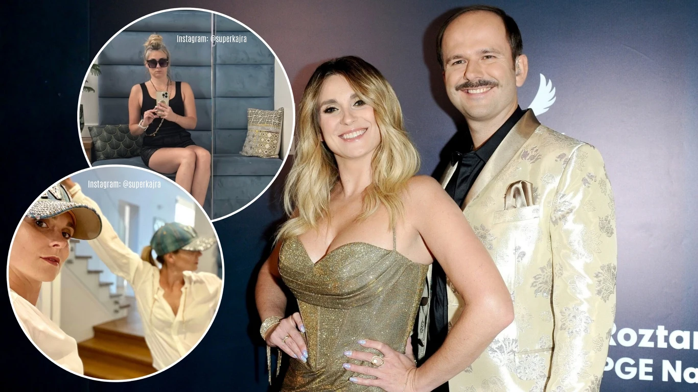 Para elegancko ubranych osób pozuje na tle ścianki podczas wydarzenia, kobieta w błyszczącej sukni obok mężczyzny w garniturze w jasnym kolorze z wzorem, wokół rozmieszczone są trzy okrągłe kadry z inną kobietą wykonującą codzienne czynności, w tym sie...