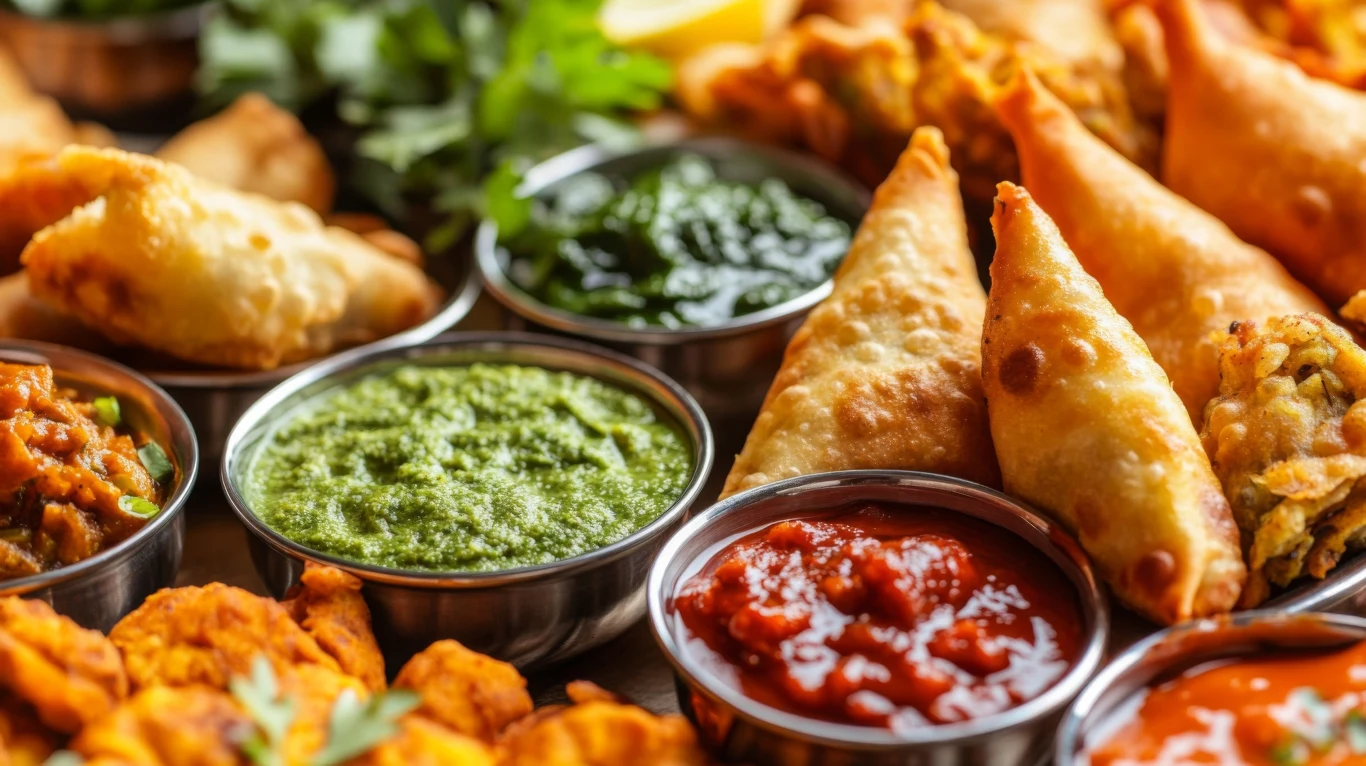 Różnorodne indyjskie przekąski, w tym chrupiące samosy, sosy chutney w miseczkach ze świeżymi ziołami oraz inne dania z dodatkiem aromatycznych przypraw.