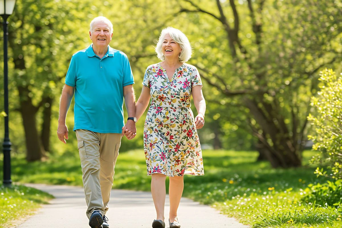 Starsza kobieta i mężczyzna spacerują razem alejką w zielonym parku, trzymając się za ręce i uśmiechając się do siebie w pogodny, słoneczny dzień.