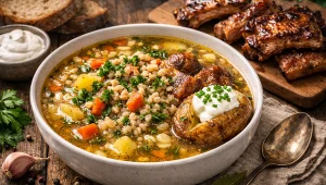 Rozgrzewa i syci. Krupnik z żeberkami, pieczonymi ziemniakami i kwaśną śmietaną od Bogumiła Przybylaka