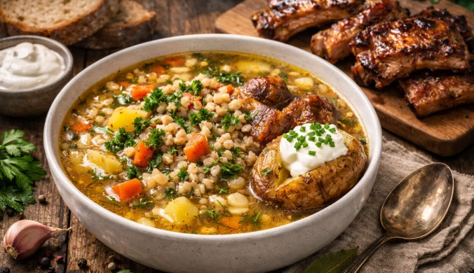 Rozgrzewa i syci. Krupnik z żeberkami, pieczonymi ziemniakami i kwaśną śmietaną od Bogumiła Przybylaka