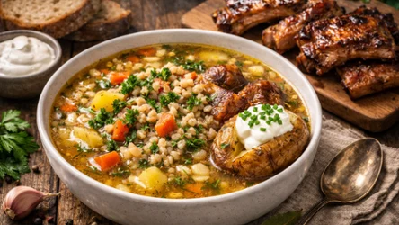 Rozgrzewa i syci. Krupnik z żeberkami, pieczonymi ziemniakami i kwaśną śmietaną od Bogumiła Przybylaka