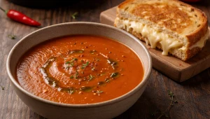 ​Pieczona papryka i karmelizowane pomidory, czyli aksamitny krem z serowym tostem