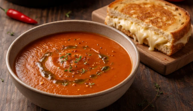 ​Pieczona papryka i karmelizowane pomidory, czyli aksamitny krem z serowym tostem