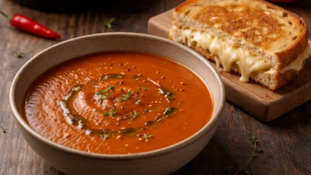 ​Pieczona papryka i karmelizowane pomidory, czyli aksamitny krem z serowym tostem