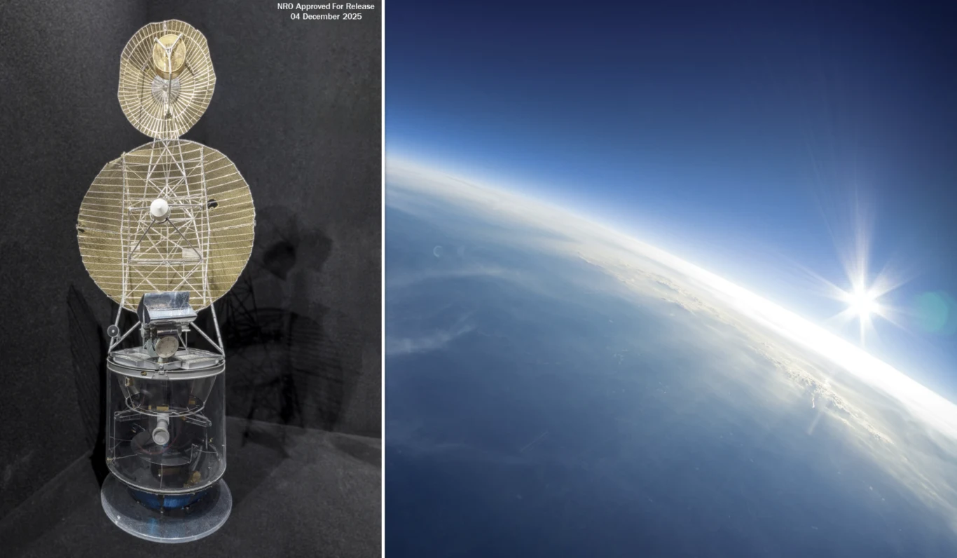 Montowana na czarnym tle naukowa sonda balonowa wyposażona w anteny obok widoku Ziemi z dużej wysokości, gdzie widać zakrzywienie planety oraz promienie słoneczne na tle atmosfery.