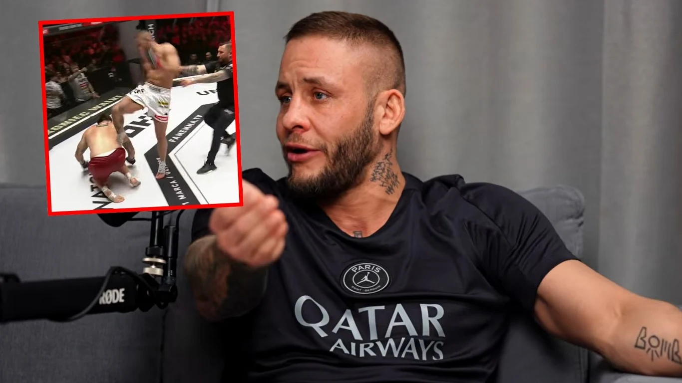 Paweł Bomba o aferze na FAME MMA Mężczyzna w czarnej koszulce z logo Qatar Airways siedzi na kanapie i rozmawia, a na pierwszym planie znajduje się mikrofon studyjny. W rogu obrazu widoczna jest wstawka z fragmentem walki sportowej, gdzie jeden z zawodników upada na matę.